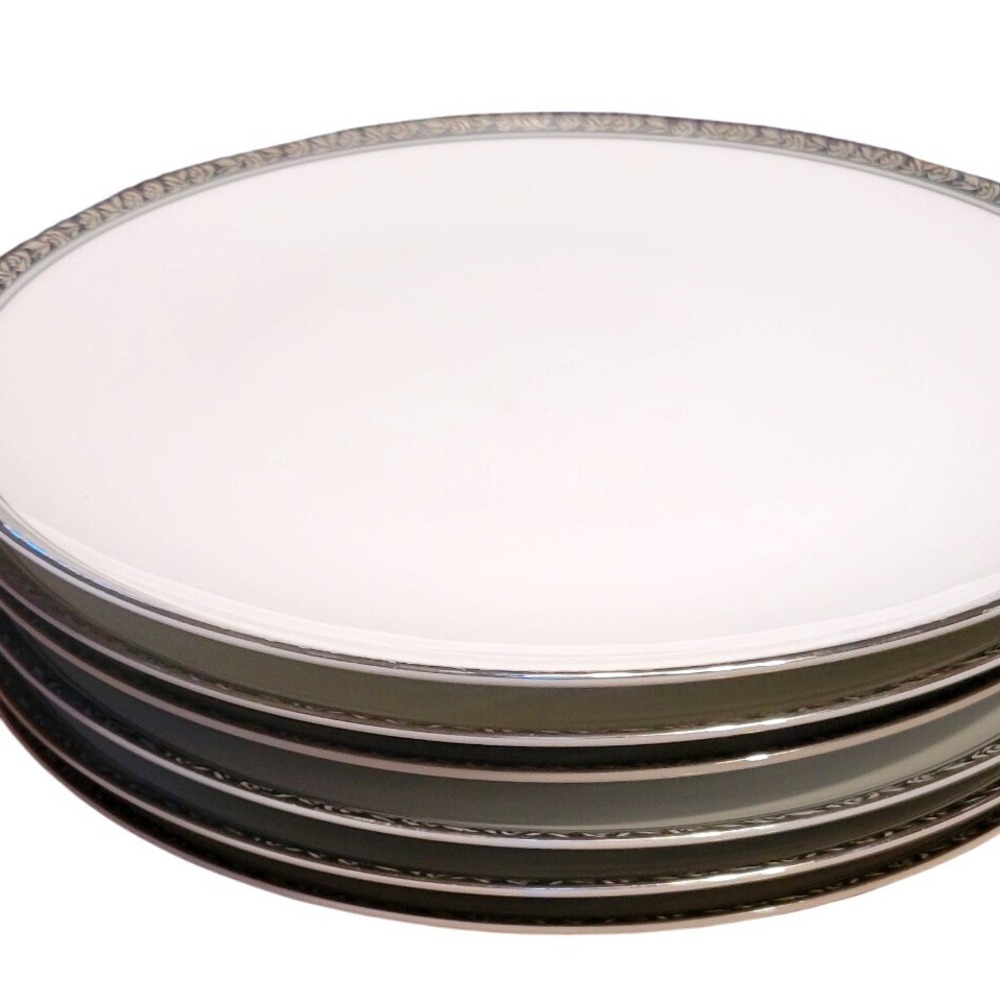 Noritake Silvester Dinner Plates Set 3 White Platinum Band Elegant Formal Dining